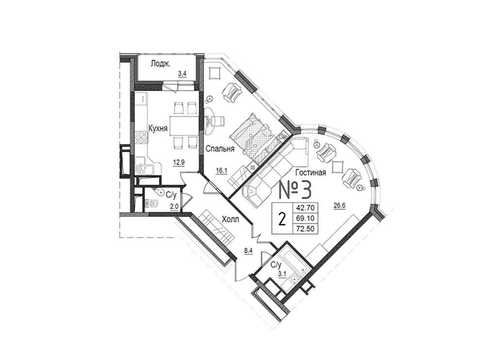 Планировка: 2-комн. квартира 73.30 м² в новостройке Школьный