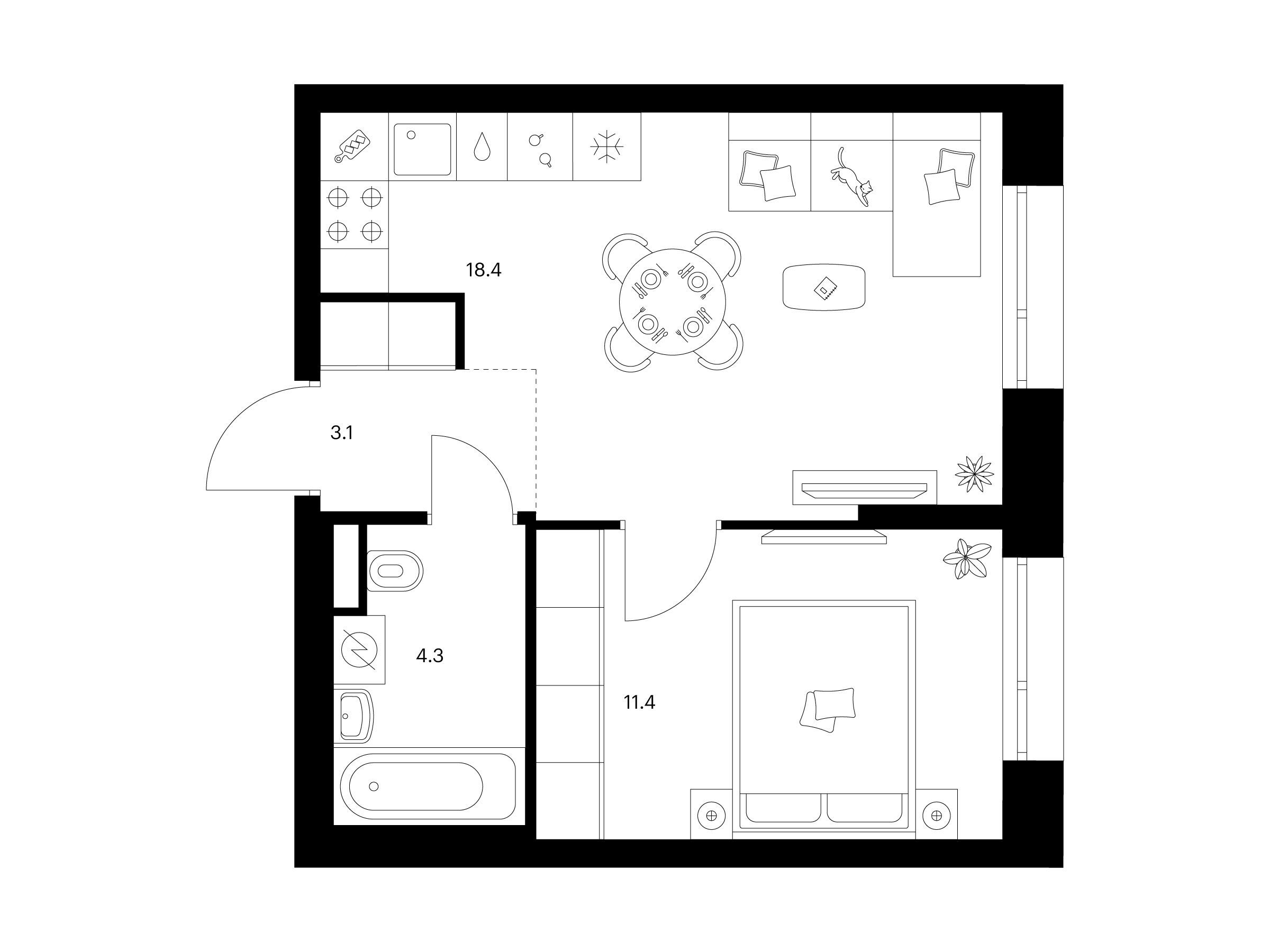Планировка: 1-комн. квартира 37.20 м² в новостройке Середневский лес