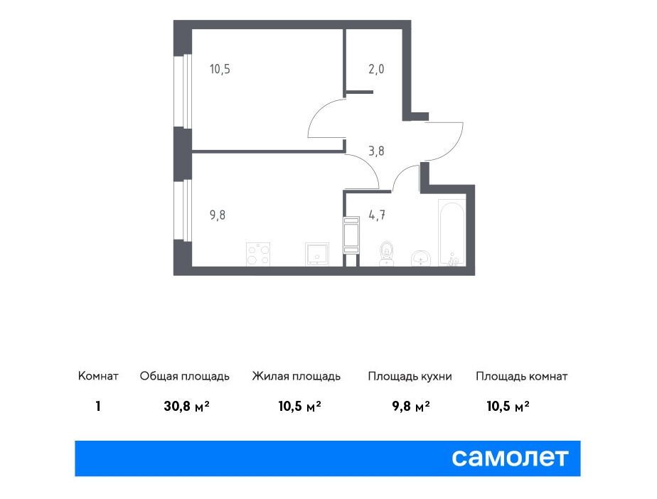 Планировка: 1-комн. квартира 30.80 м² в новостройке ЖК Эко Бунино