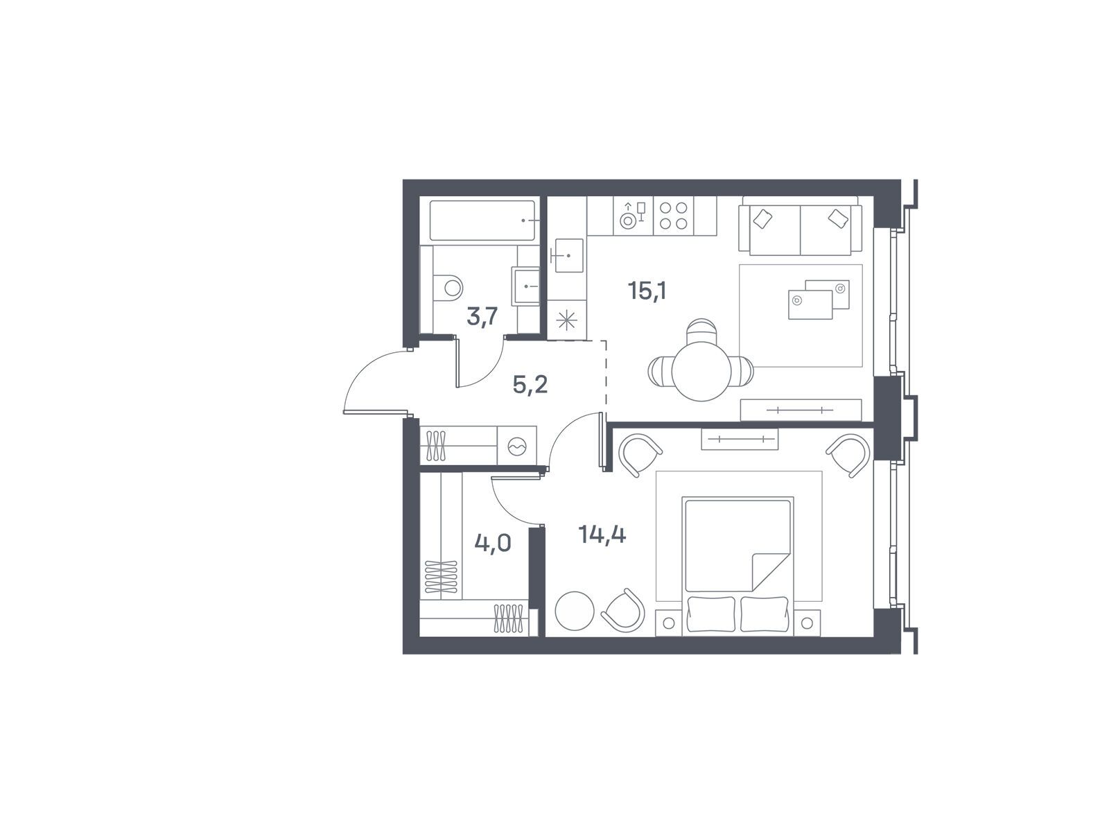 Планировка: 1-комн. квартира 42.40 м² в новостройке ЖК Портленд. Дом на берегу