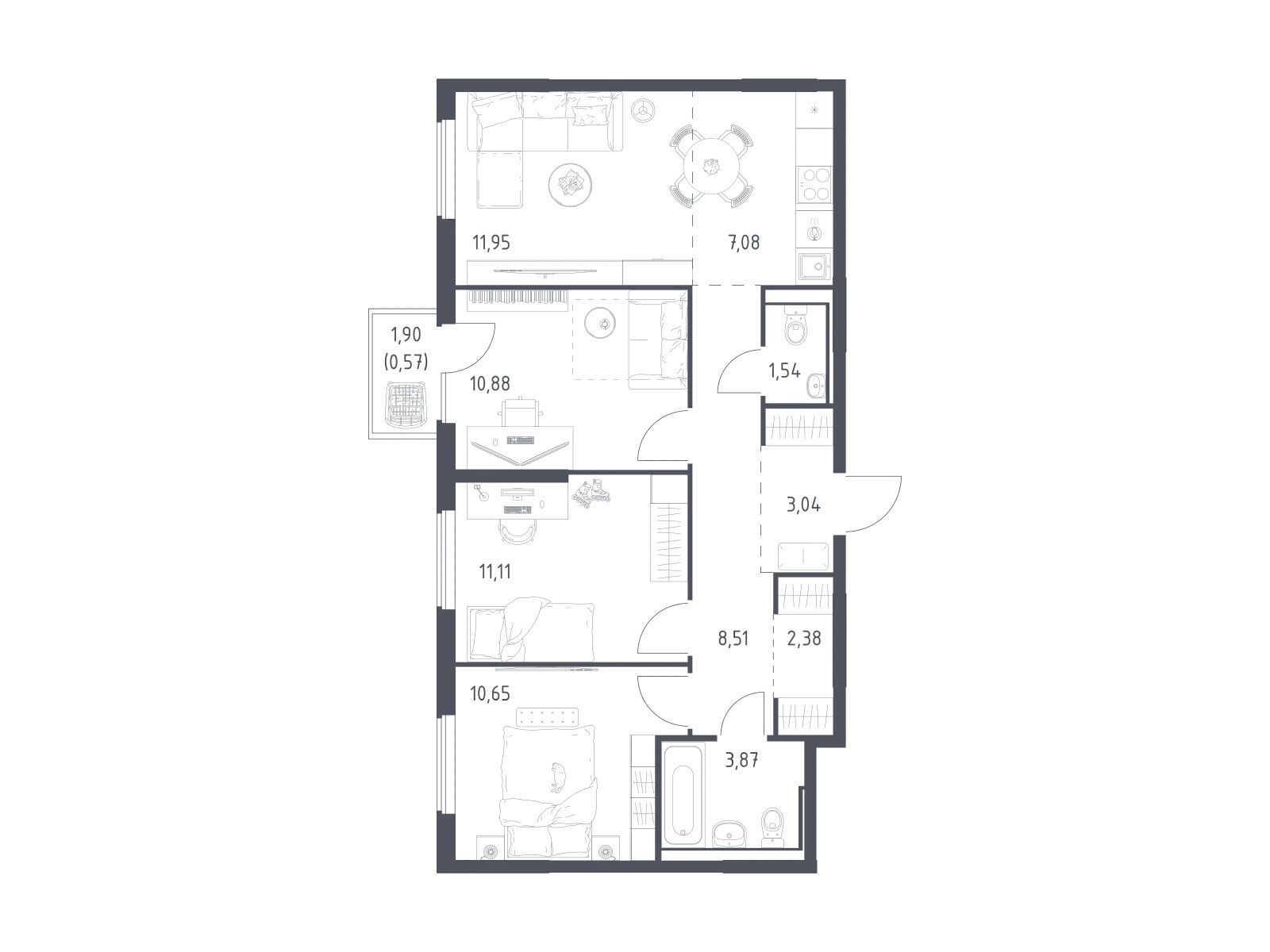 Планировка: 3-комн. квартира 71.58 м² в новостройке Горки Парк