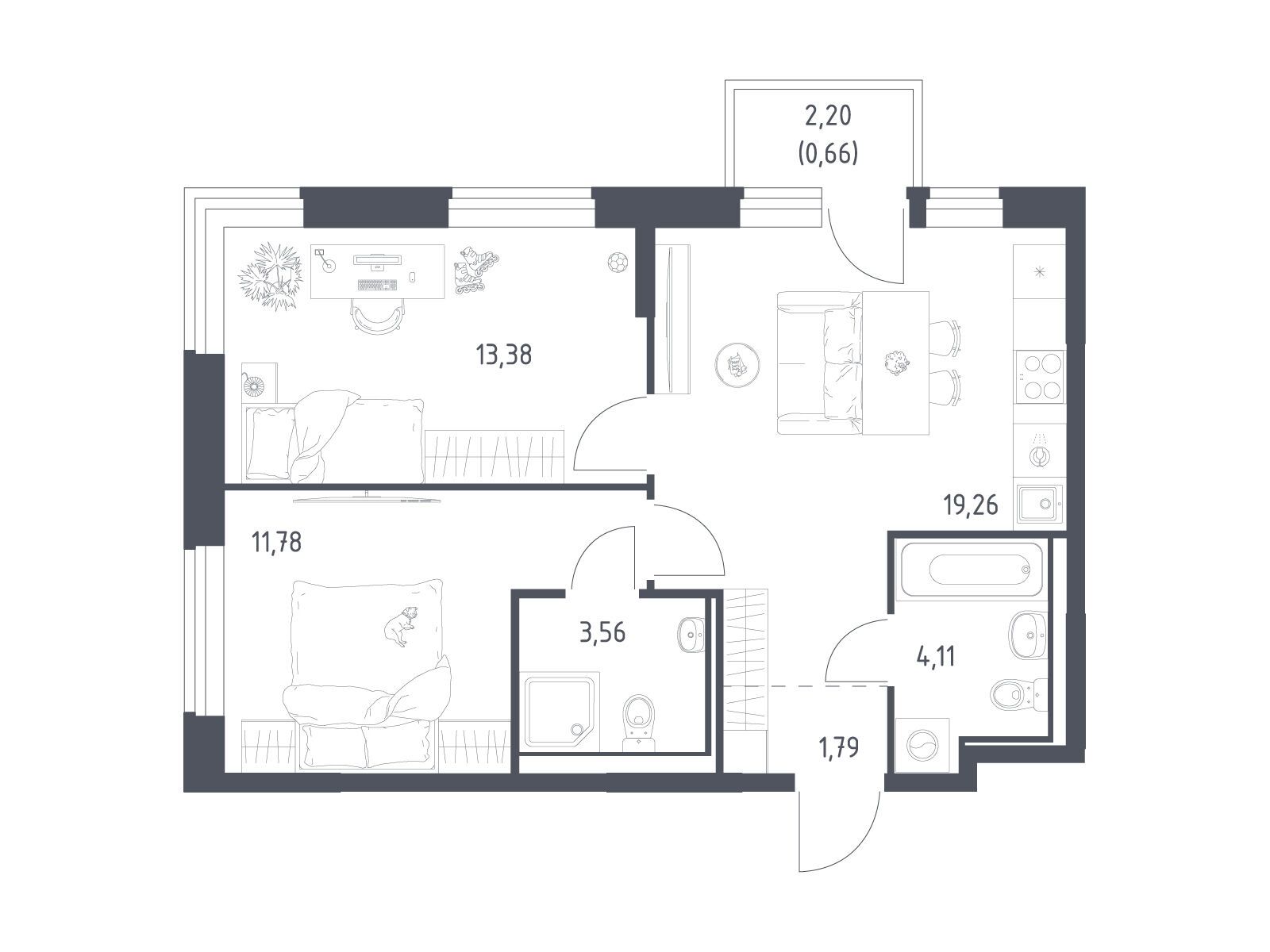 Планировка: 2-комн. квартира 54.54 м² в новостройке Квартал Ивакино