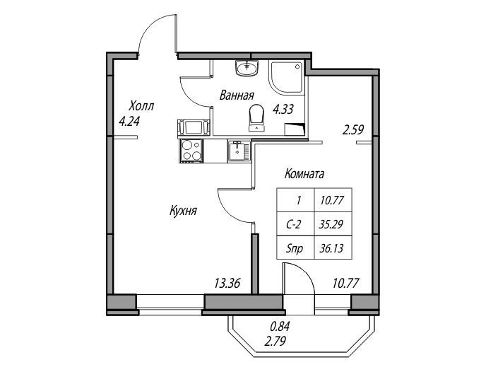 Планировка: 1-комн. квартира 36.13 м² в новостройке Юнтолово