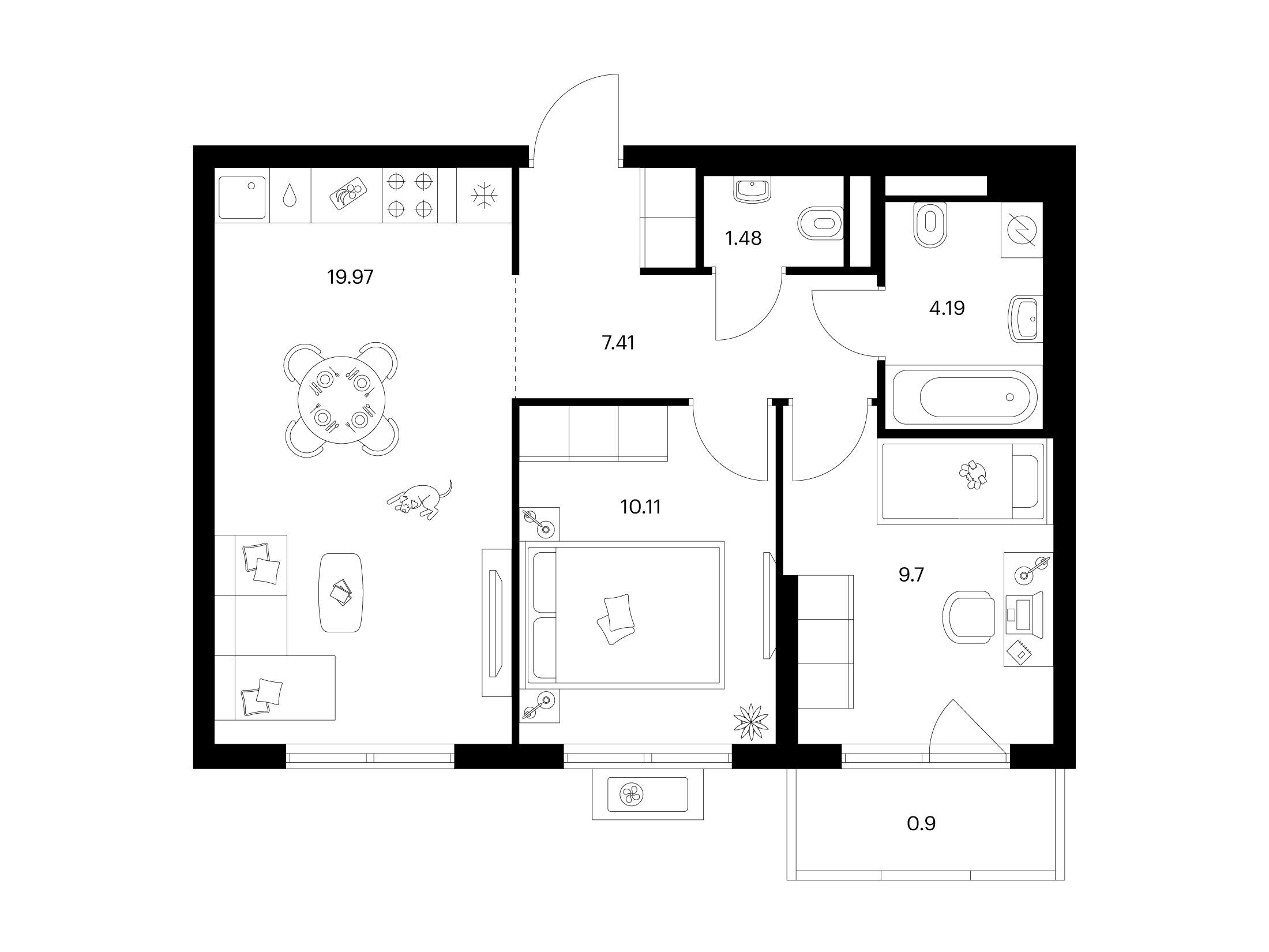 Планировка: 2-комн. квартира 53.76 м² в новостройке Заречный парк