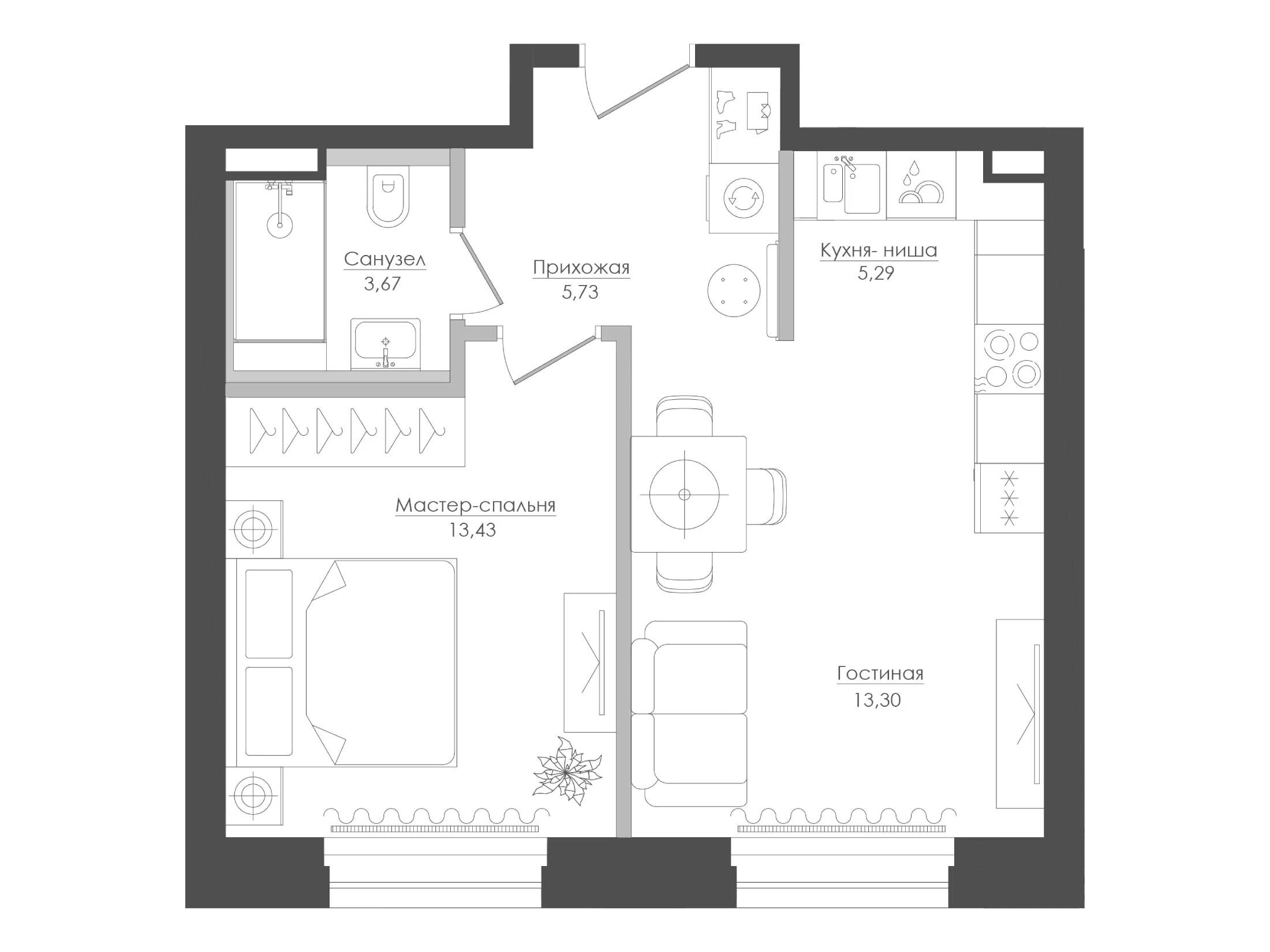 Планировка: 1-комн. квартира 43.94 м² в новостройке Селигер Сити