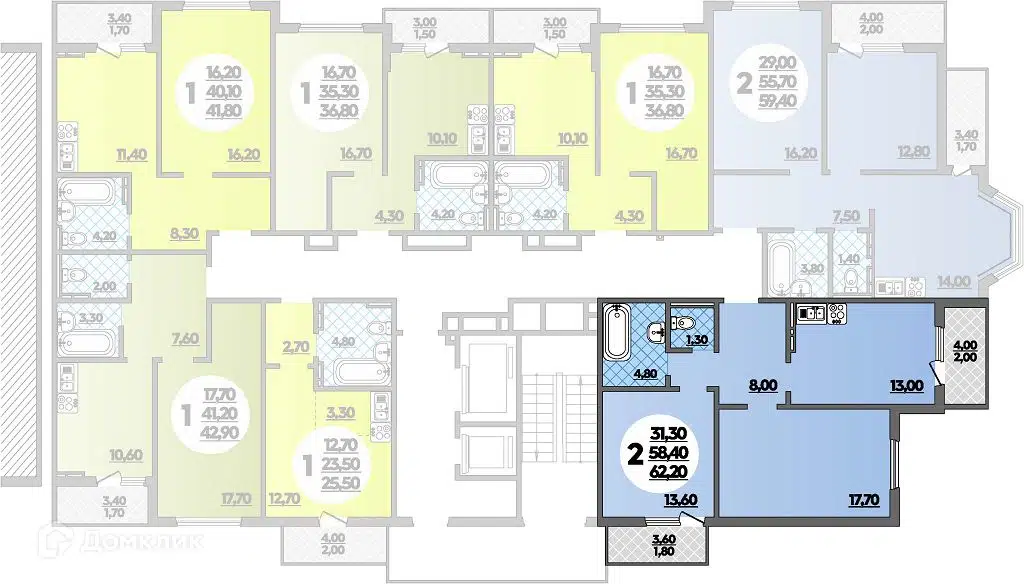 Планировка: 2-комн. квартира 62.20 м² в новостройке Парк у дома