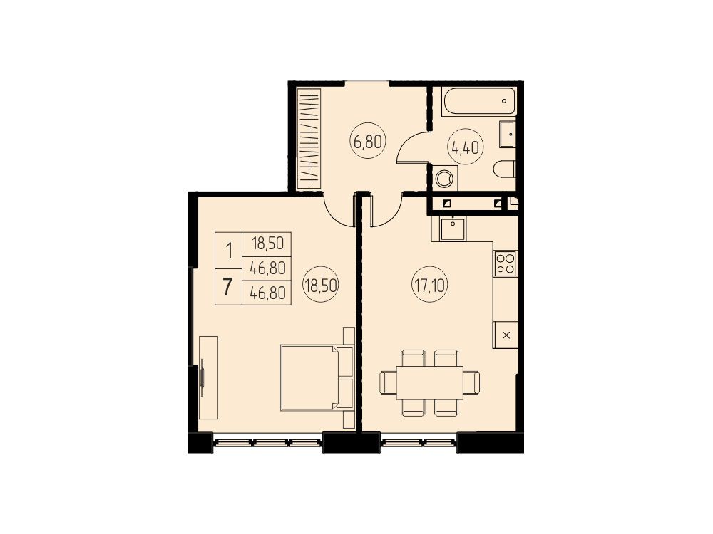 Планировка: 1-комн. квартира 46.80 м² в новостройке 7 небо