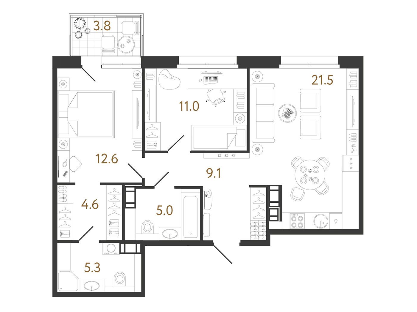 Планировка: 2-комн. квартира 69.10 м² в новостройке Куинджи