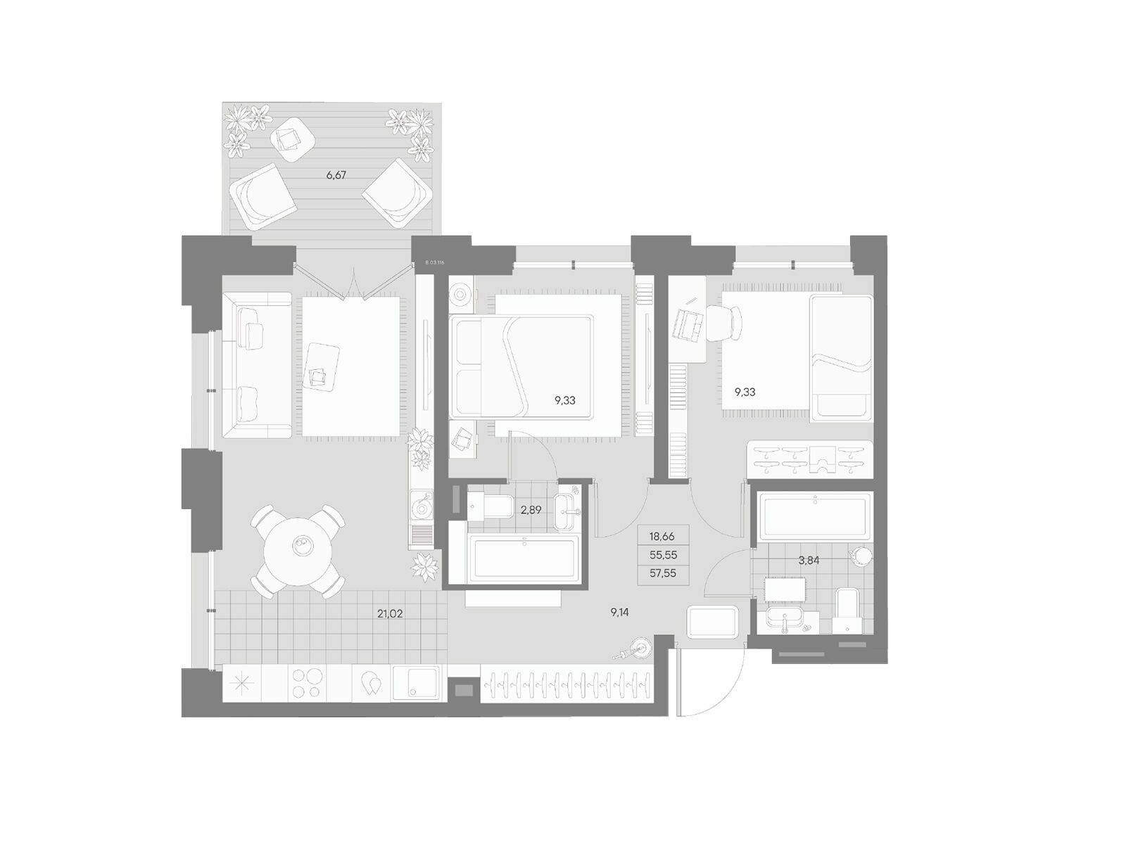 Планировка: 2-комн. квартира 57.55 м² в новостройке Альпен
