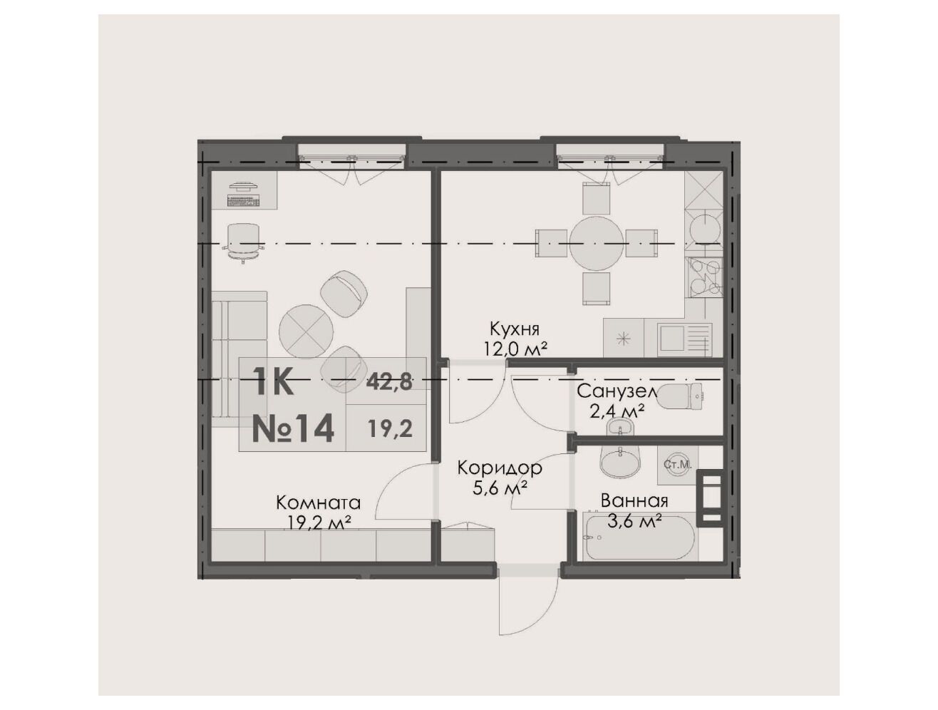 Планировка: 1-комн. квартира 42.80 м² в новостройке На Большом Смоленском