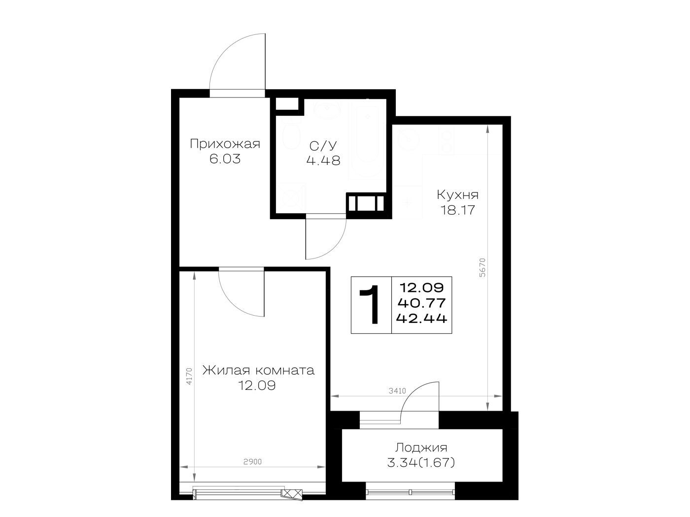 Планировка: 1-комн. квартира 42.44 м² в новостройке Борский