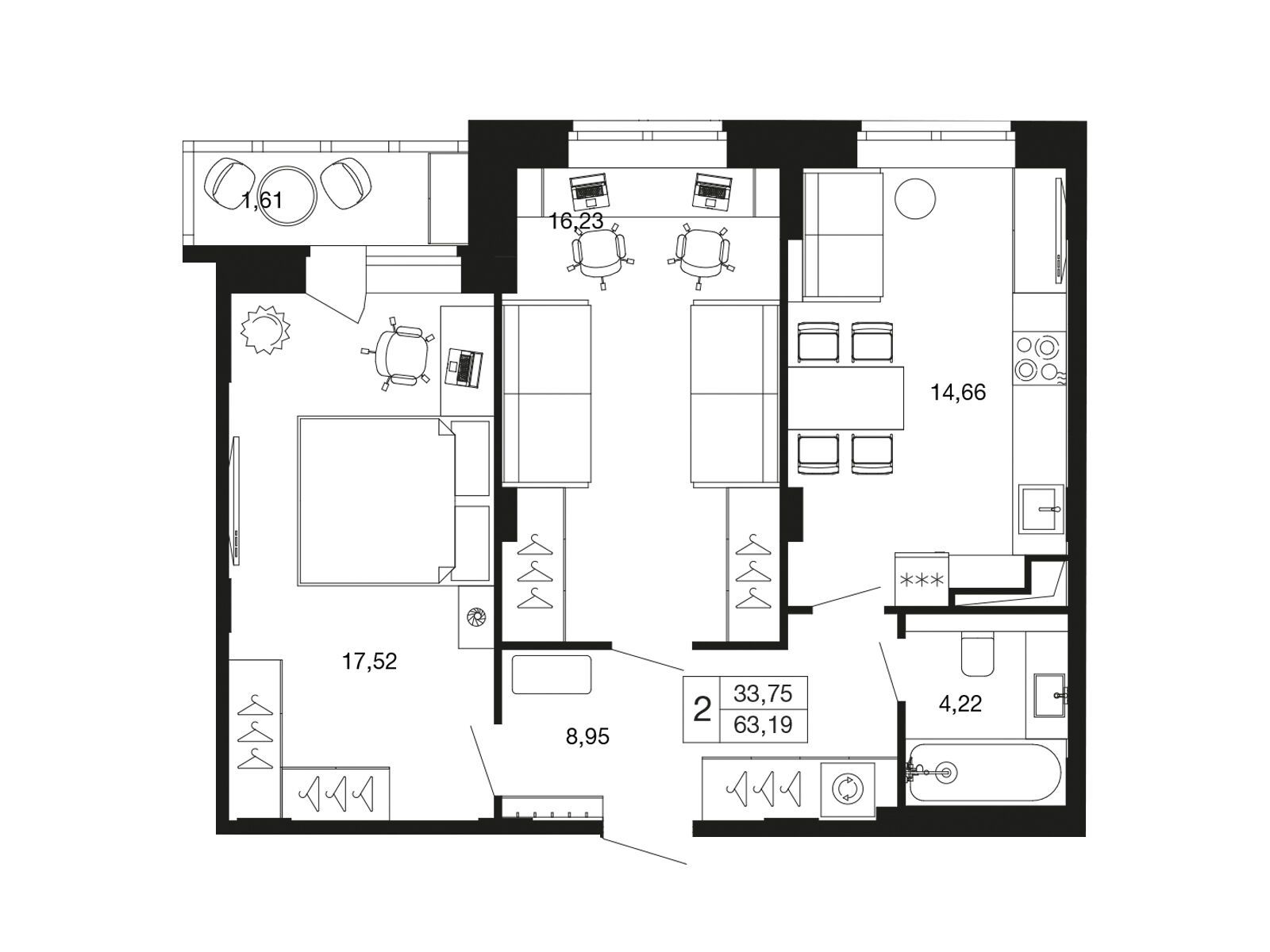 Планировка: 2-комн. квартира 63.20 м² в новостройке ЖК Времена года (Апрелевка)