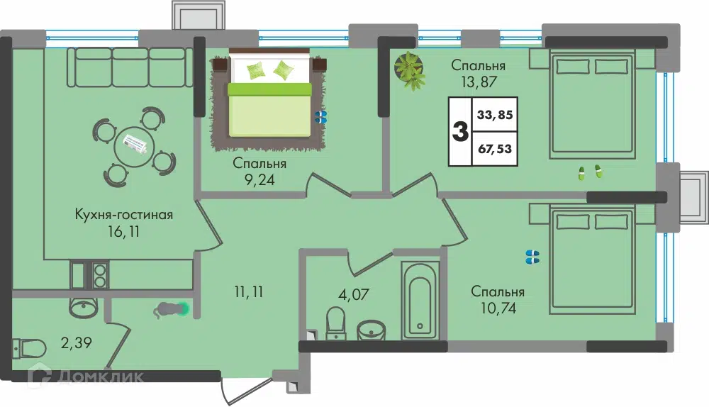 Планировка: 3-комн. квартира 67.50 м² в новостройке Зелёная территория