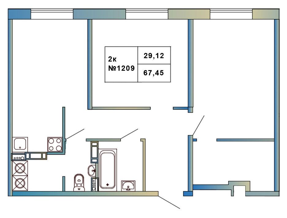 Планировка: 2-комн. квартира 67.45 м² в новостройке Атмосфера Выборга
