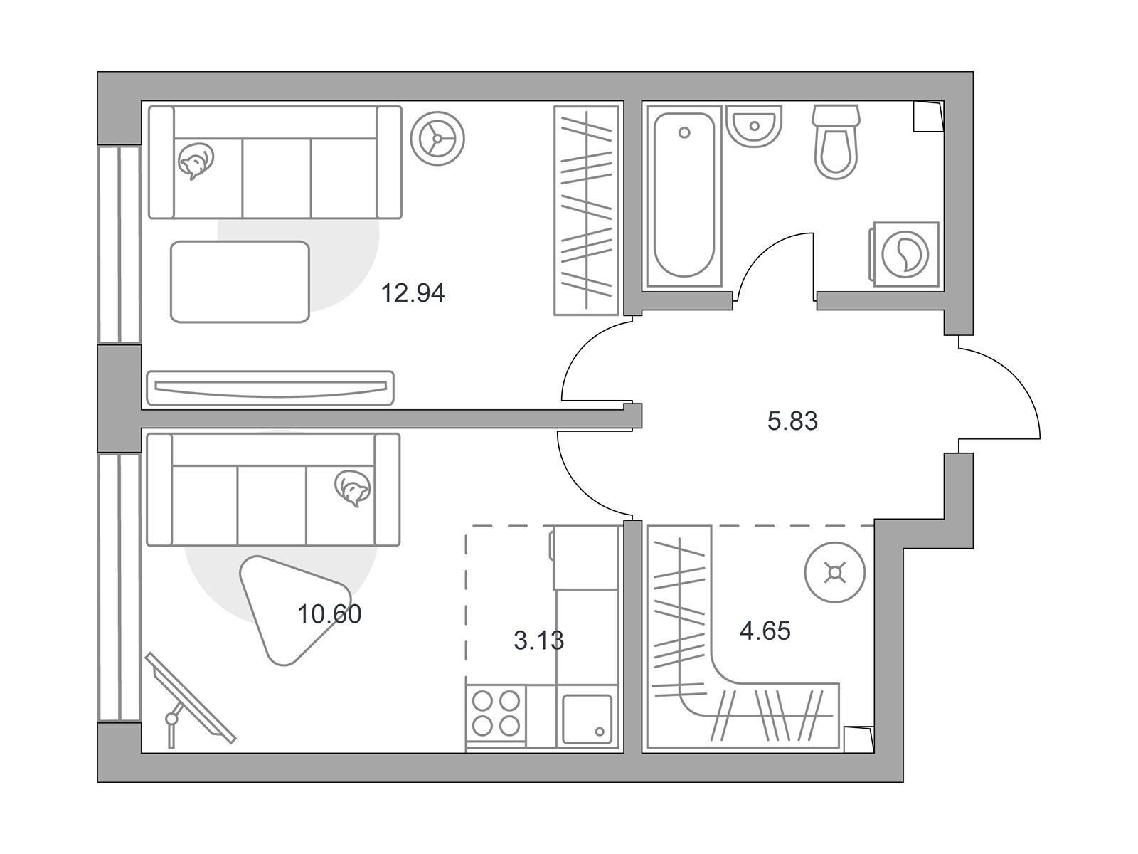 Планировка: 2-комн. квартира 42.12 м² в новостройке Тринити
