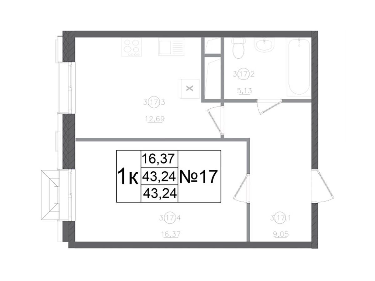Планировка: 1-комн. квартира 43.24 м² в новостройке Авиатор-2
