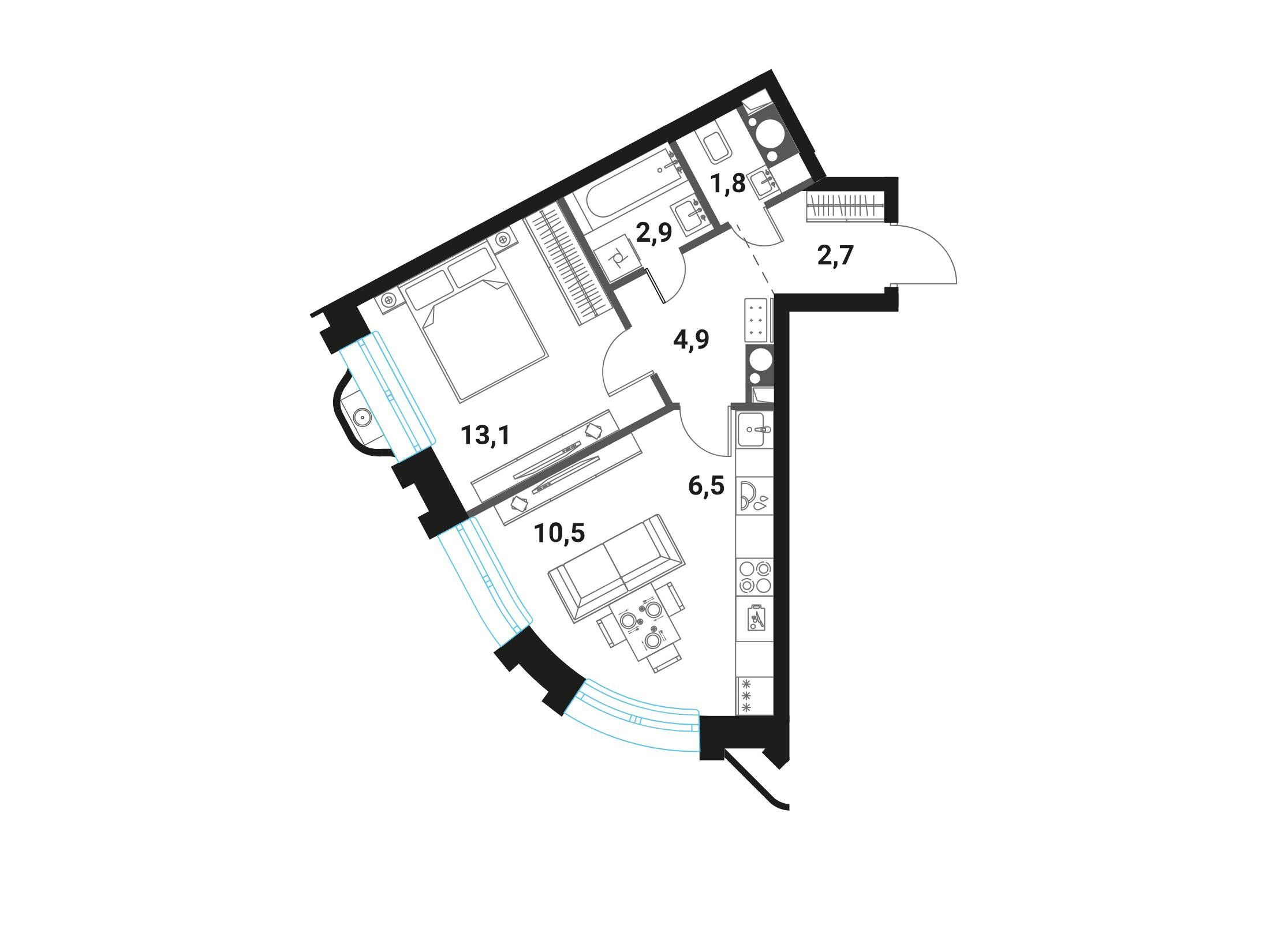 Планировка: 2-комн. квартира 42.40 м² в новостройке Интеллигент