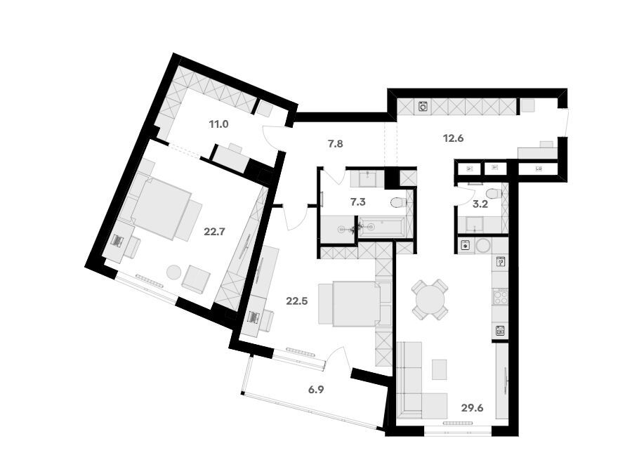 Планировка: 3-комн. квартира 122.80 м² в новостройке Ривер Хаус