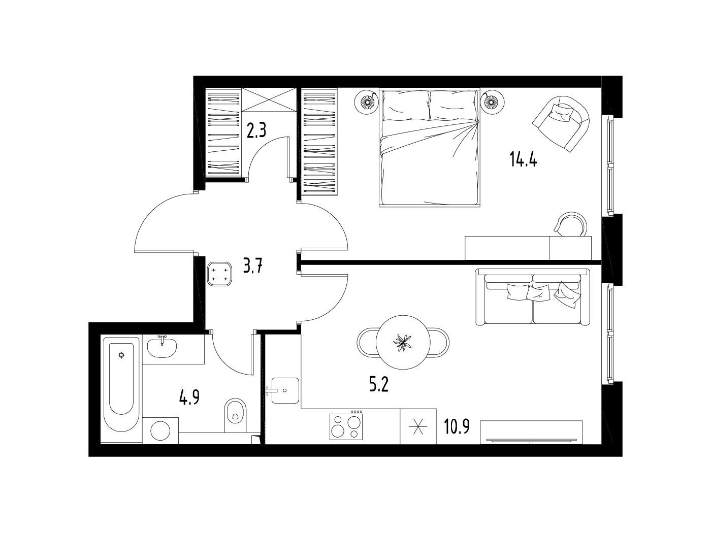 Планировка: 1-комн. квартира 41.40 м² в новостройке ЖКСколково Уан