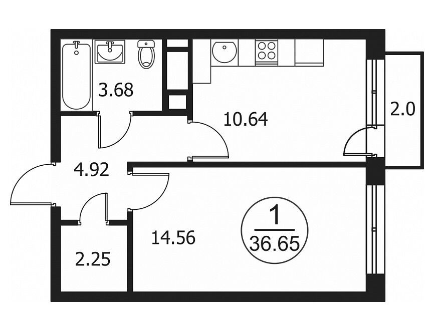 Планировка: 1-комн. квартира 36.65 м² в новостройке Катуар