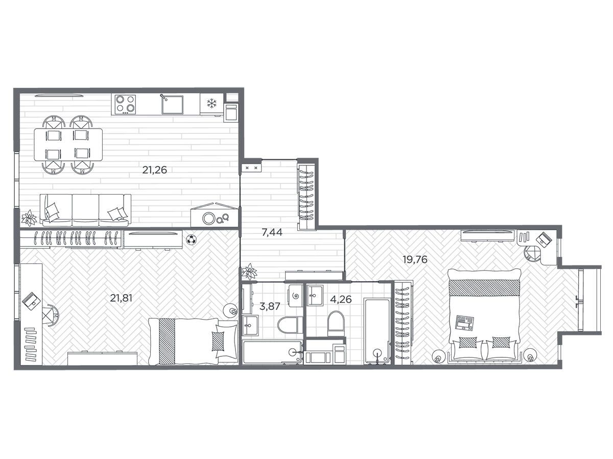 Планировка: 2-комн. квартира 77.90 м² в новостройке Бакунина 33