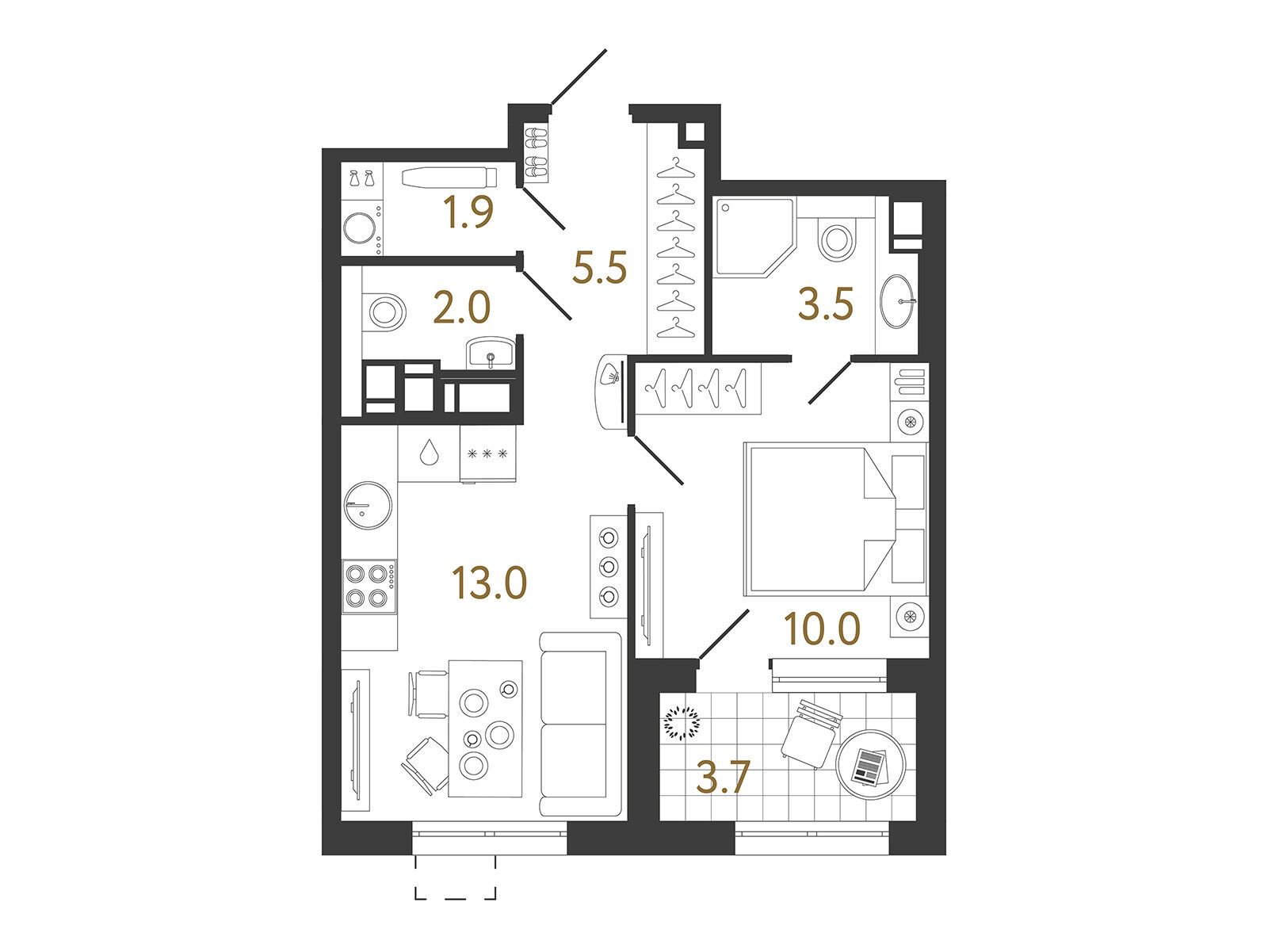 Планировка: 1-комн. квартира 35.90 м² в новостройке Струны