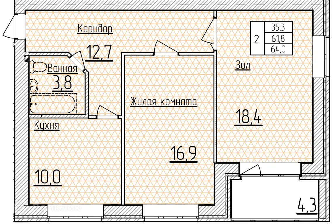Планировка: 2-комн. квартира 64.00 м² в новостройке Фестивальный
