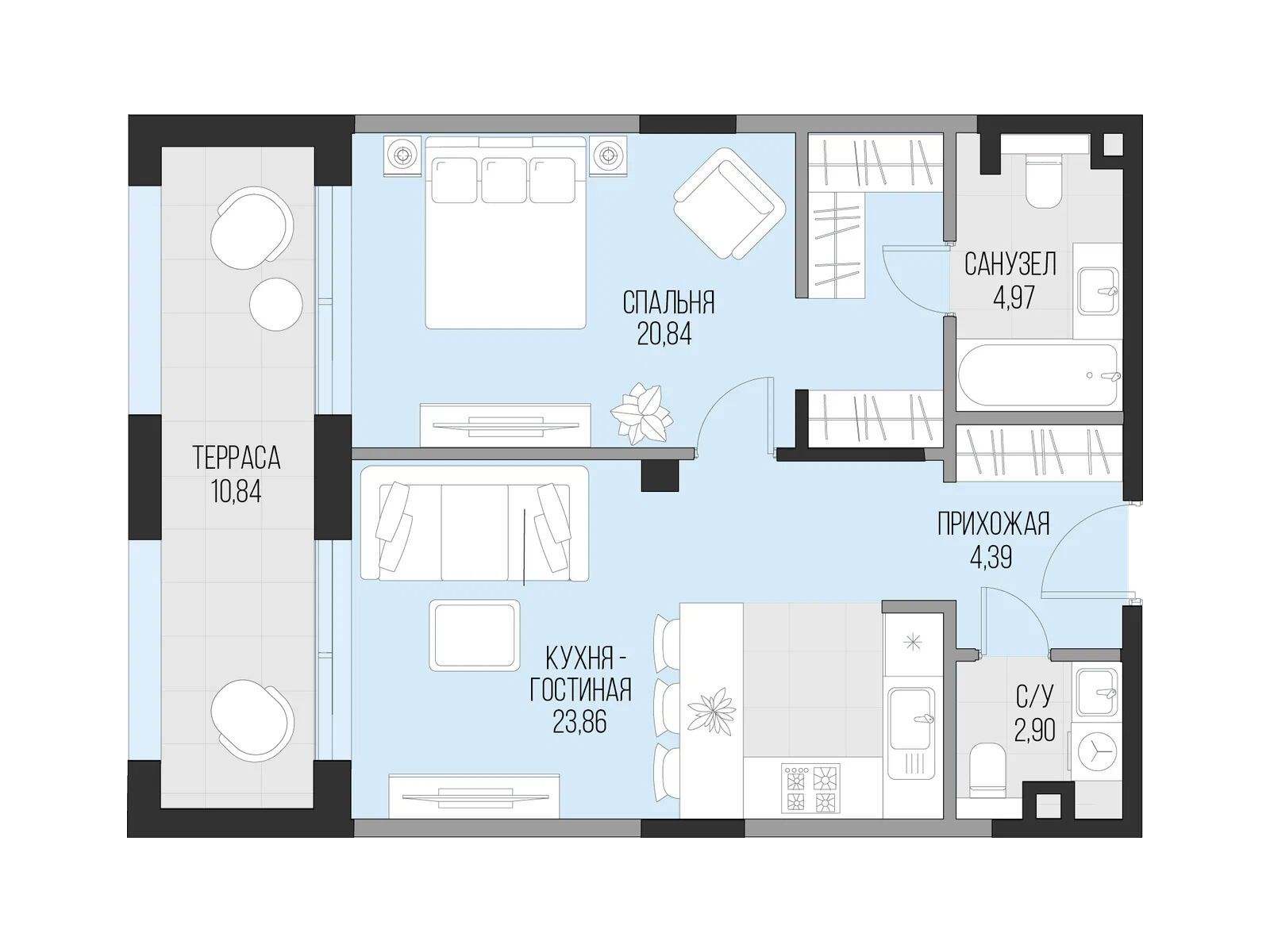 Планировка: 1-комн. квартира 61.08 м² в новостройке Садовническая 69