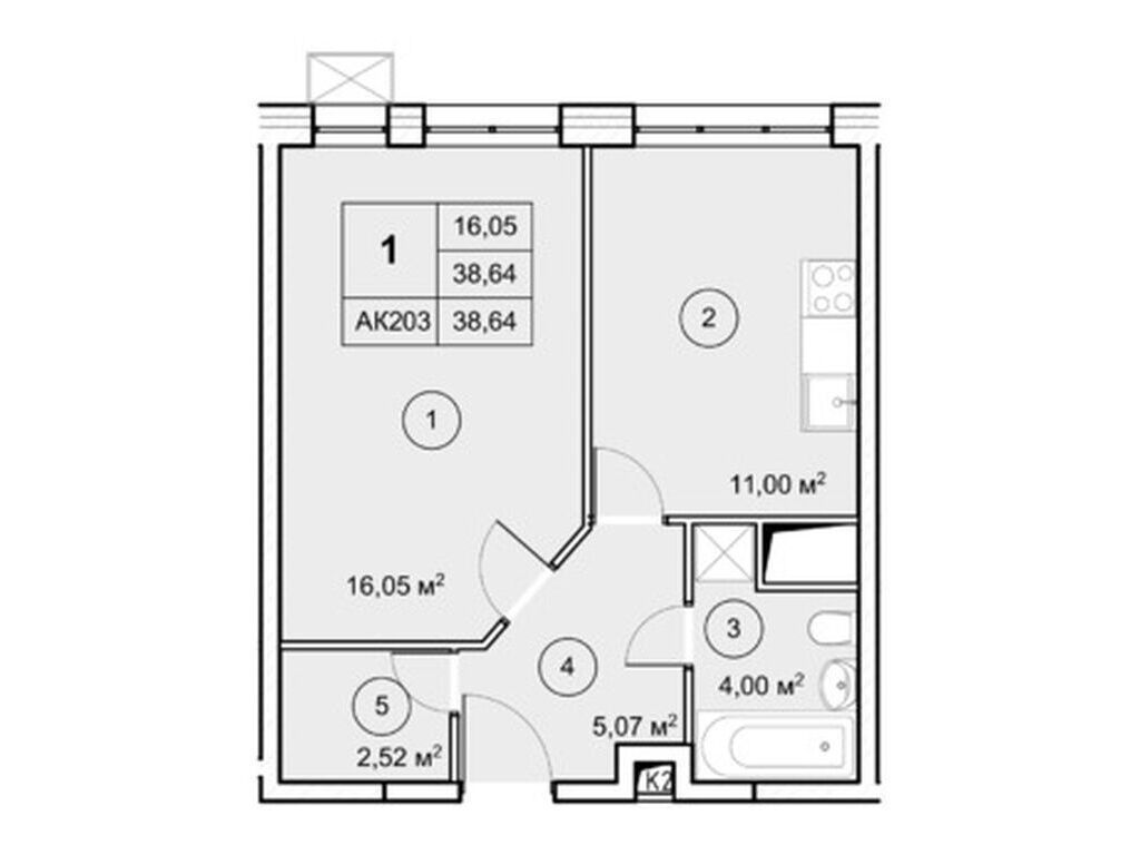 Планировка: 1-комн. квартира 38.64 м² в новостройке Экоград Новый Катуар