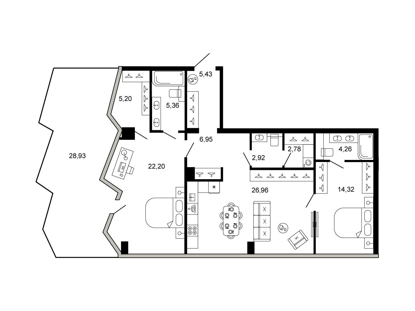 Планировка: 3-комн. квартира 105.06 м² в новостройке Клубный дом Новая, 11