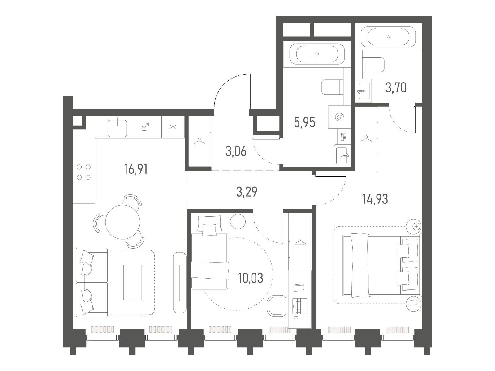 Планировка: 2-комн. квартира 57.87 м² в новостройке Индиво