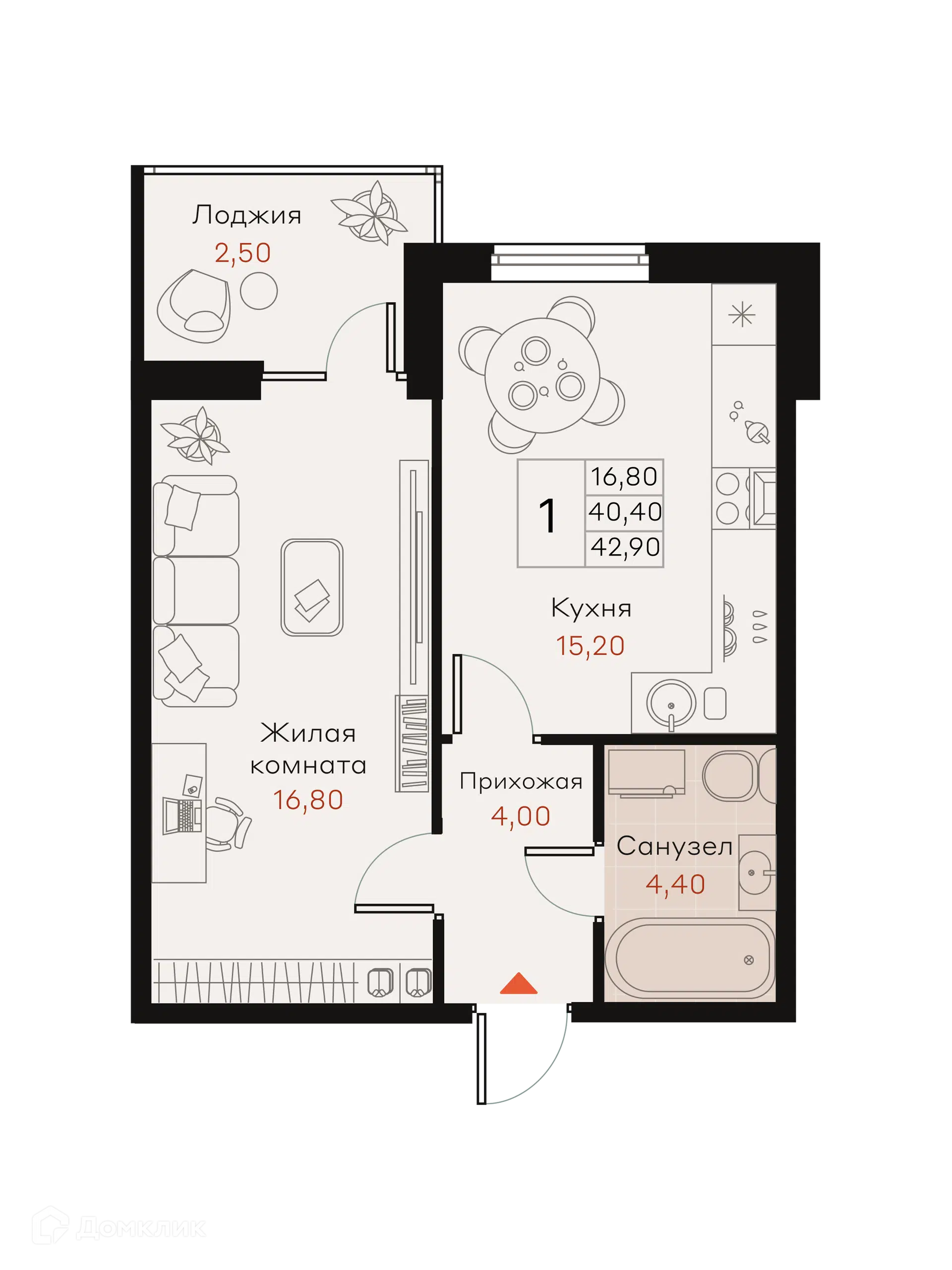 Планировка: 1-комн. квартира 43.10 м² в новостройке История 2