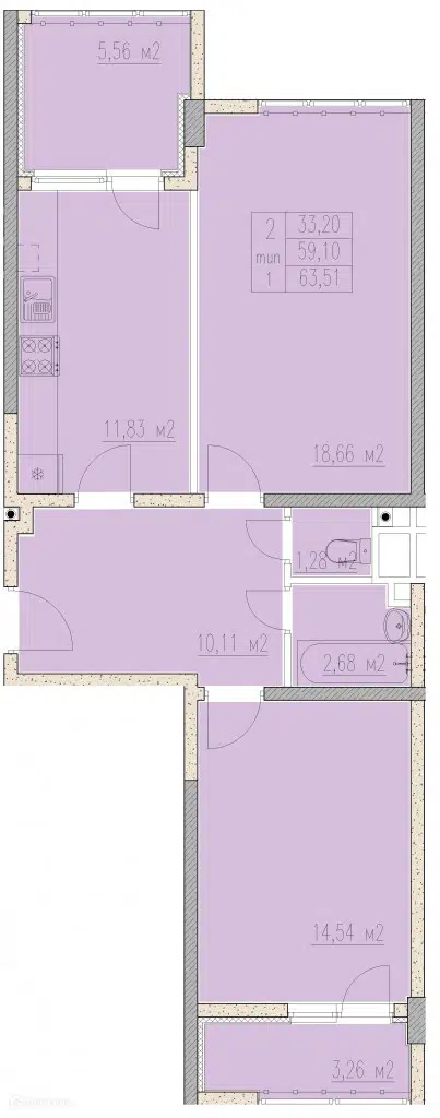 Планировка: 2-комн. квартира 63.51 м² в новостройке Агой-парк