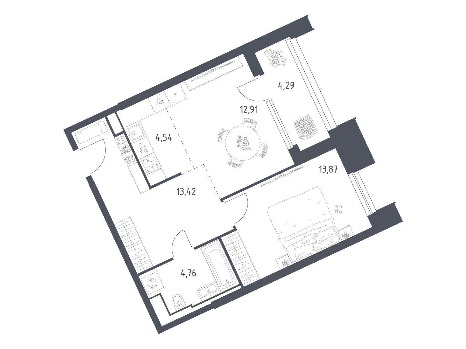 Планировка: 1-комн. квартира 53.79 м² в новостройке Скай Спутник