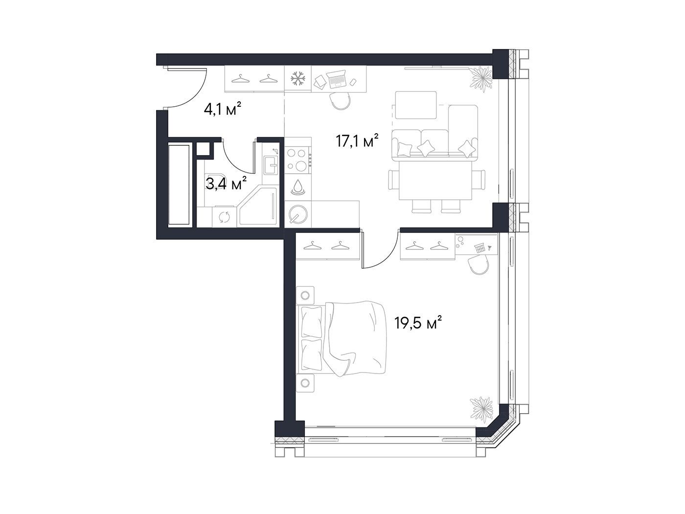 Планировка: 1-комн. квартира 44.10 м² в новостройке Первый Нагатинский
