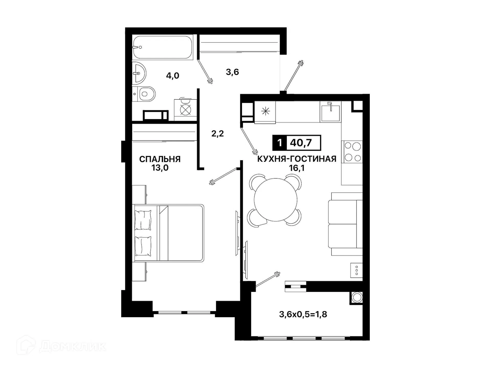 Планировка: 1-комн. квартира 40.70 м² в новостройке Резиденция. Концепт