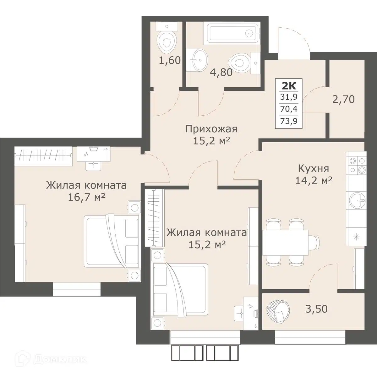 Планировка: 2-комн. квартира 74.30 м² в новостройке Моне