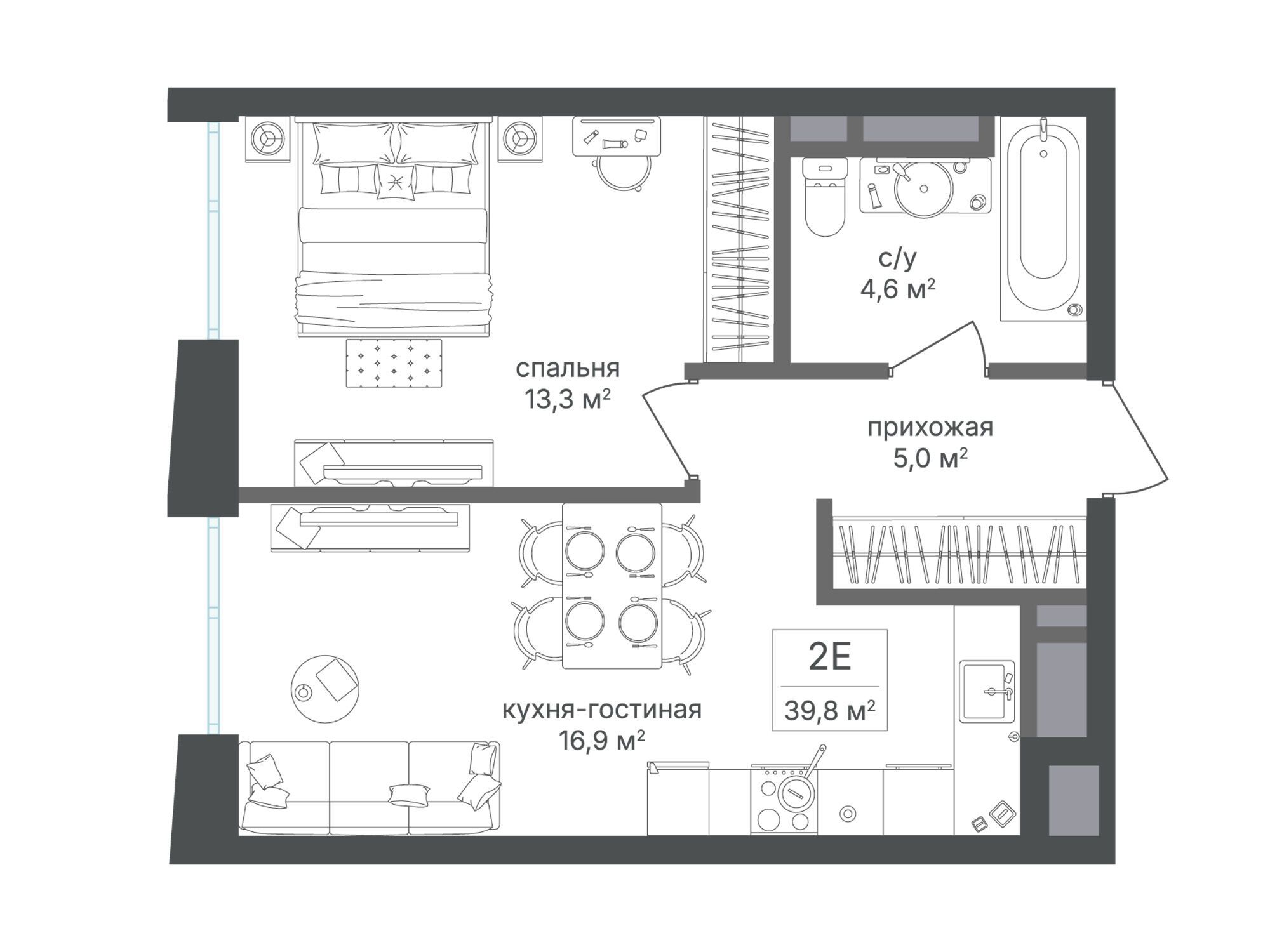 Планировка: 1-комн. квартира 39.70 м² в новостройке Семеновский парк 2