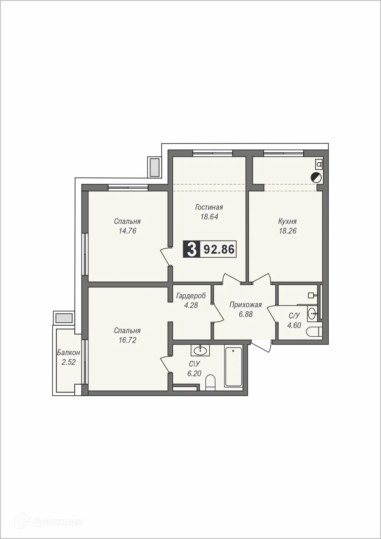 Планировка: 3-комн. квартира 92.86 м² в новостройке Мельница