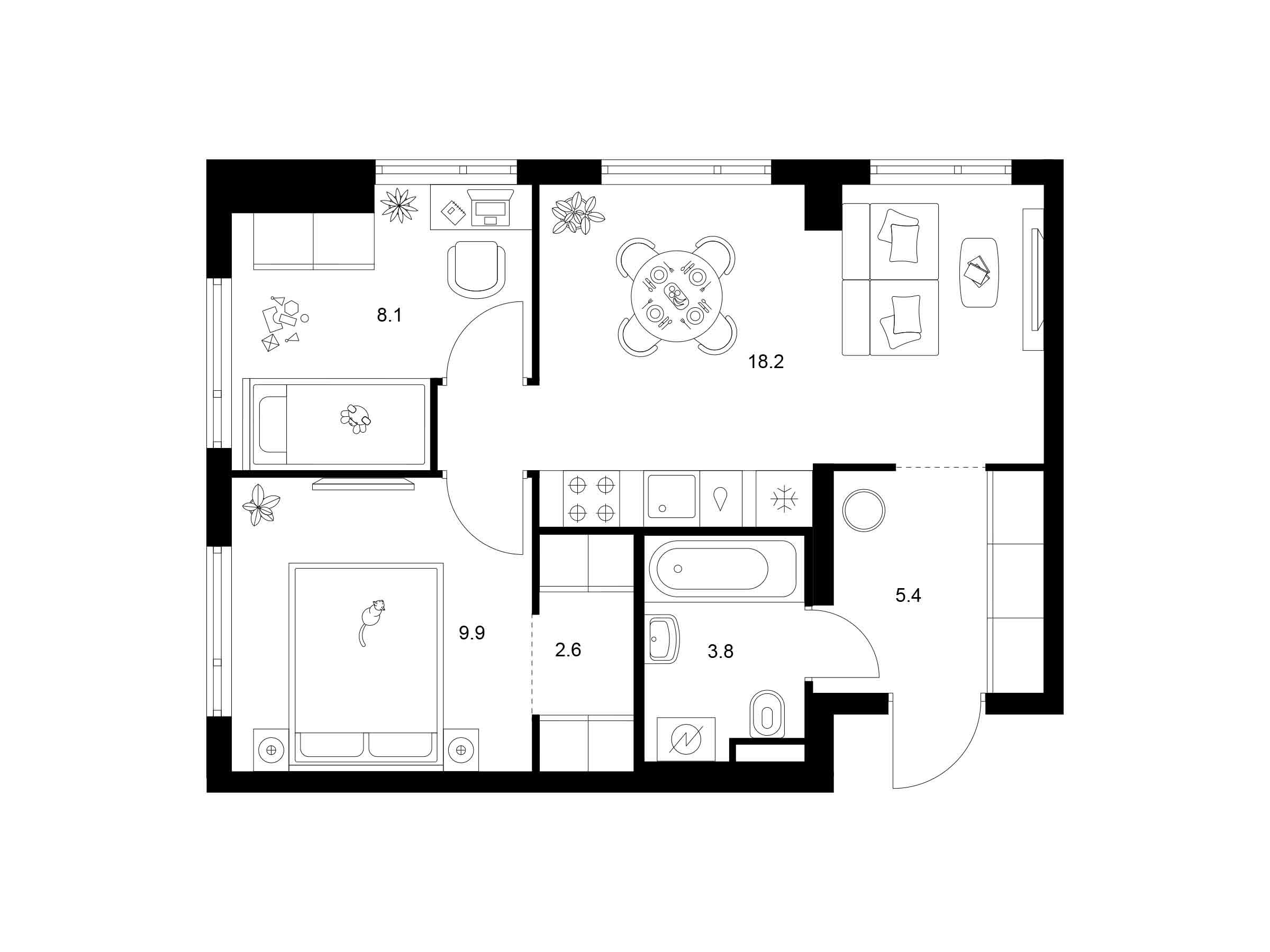 Планировка: 2-комн. квартира 48.00 м² в новостройке Руставели 14