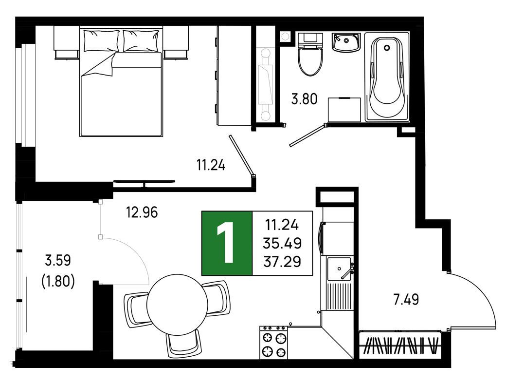 Планировка: 1-комн. квартира 37.29 м² в новостройке ЖК Имена