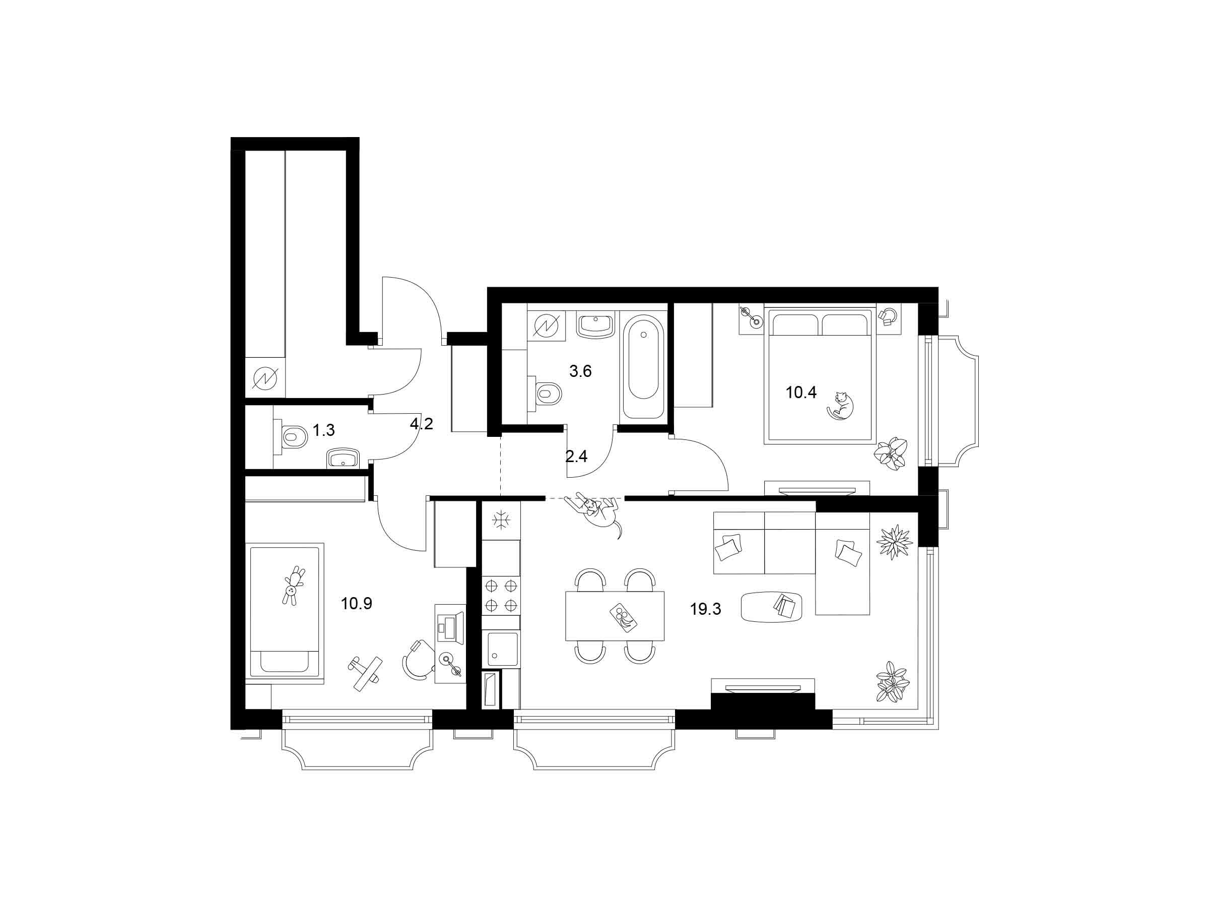 Планировка: 2-комн. квартира 57.70 м² в новостройке ЖК 2-й Иртышский