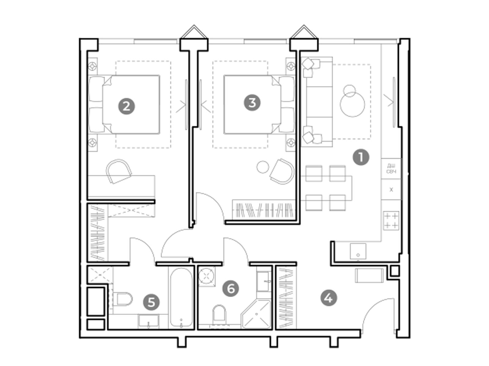 Планировка: 3-комн. квартира 70.60 м² в новостройке Наметкин Тауэр