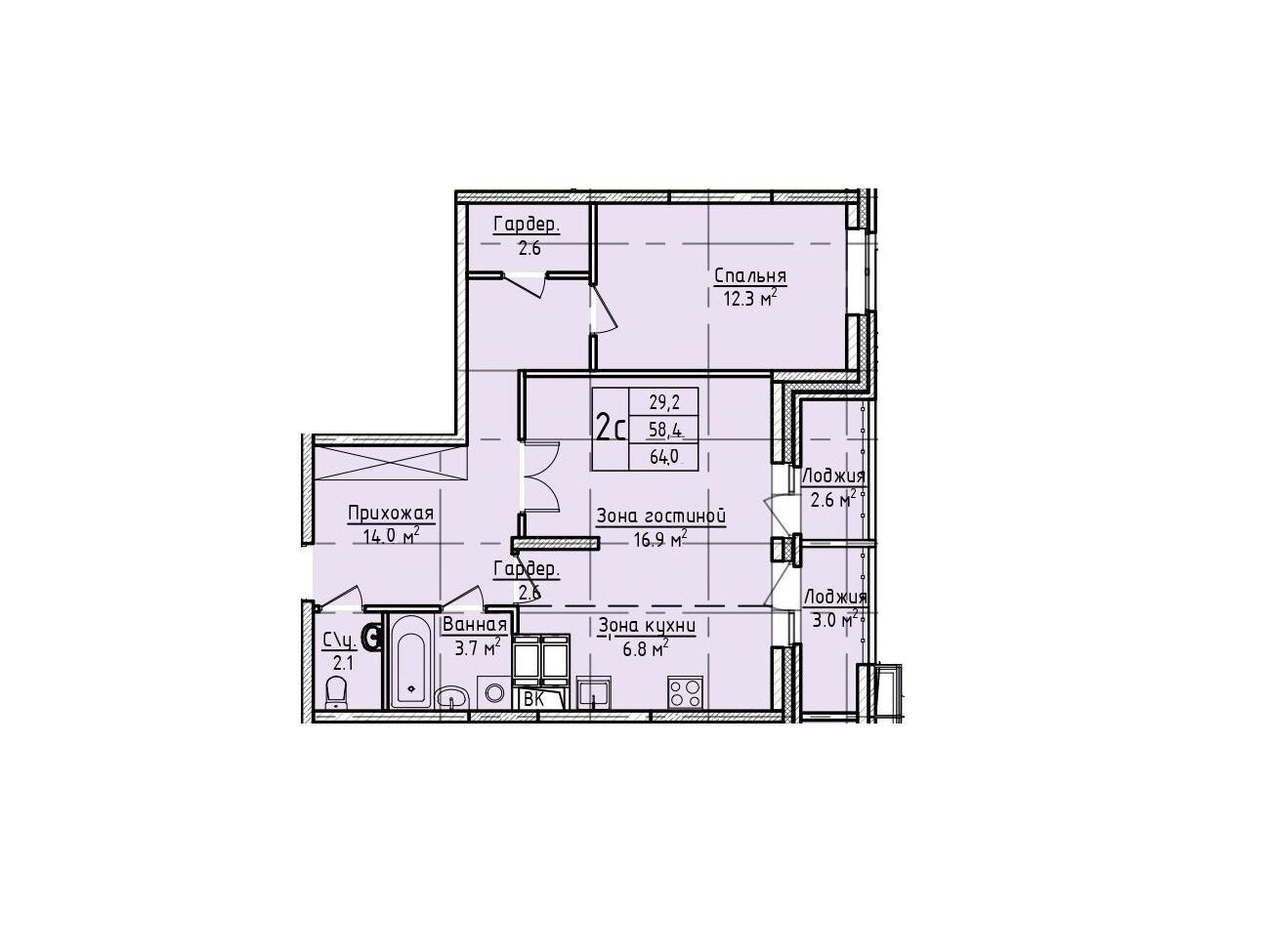Планировка: 2-комн. квартира 64.00 м² в новостройке Пустовский