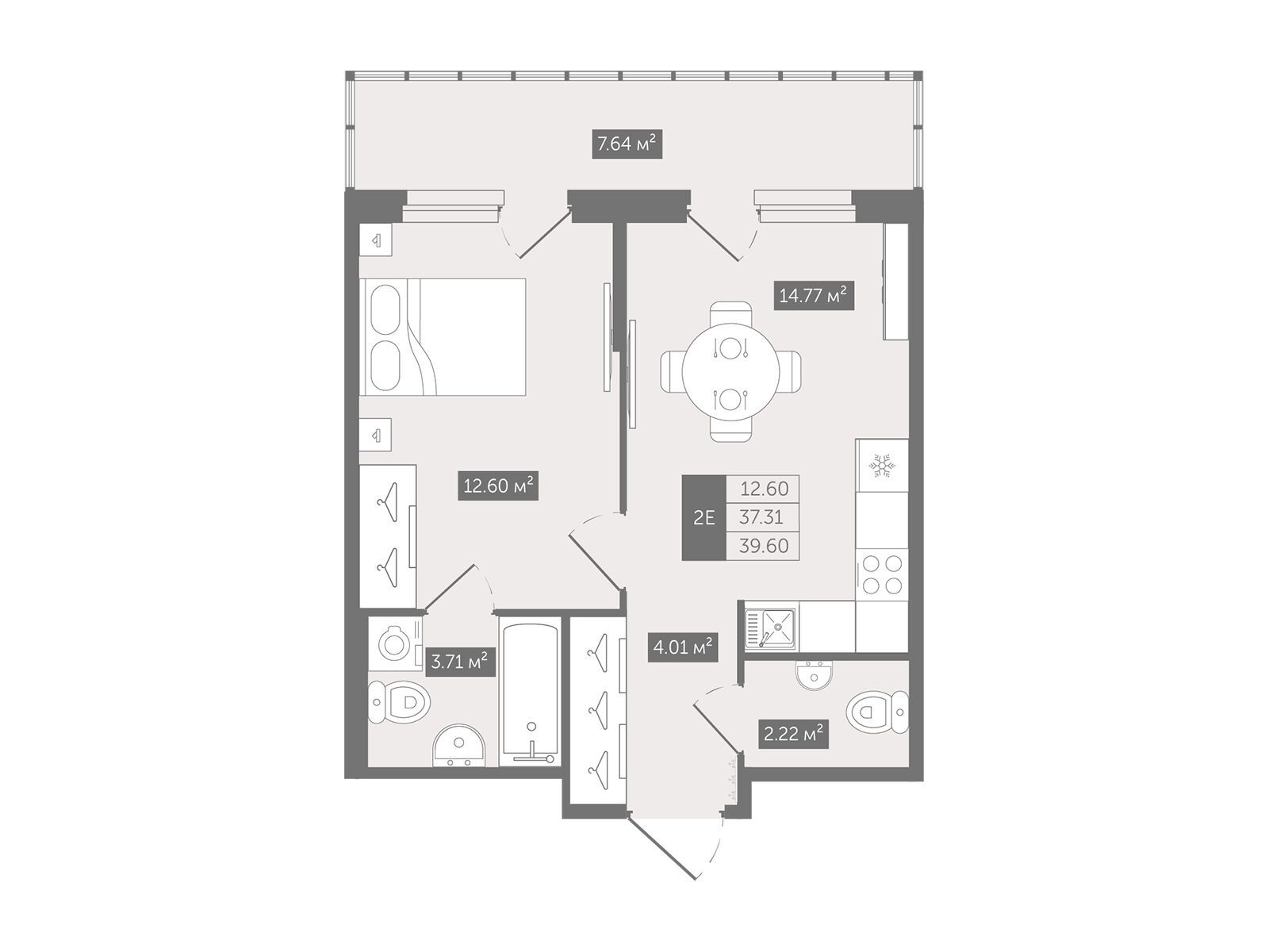 Планировка: 1-комн. квартира 39.60 м² в новостройке Квартал Воронцовский