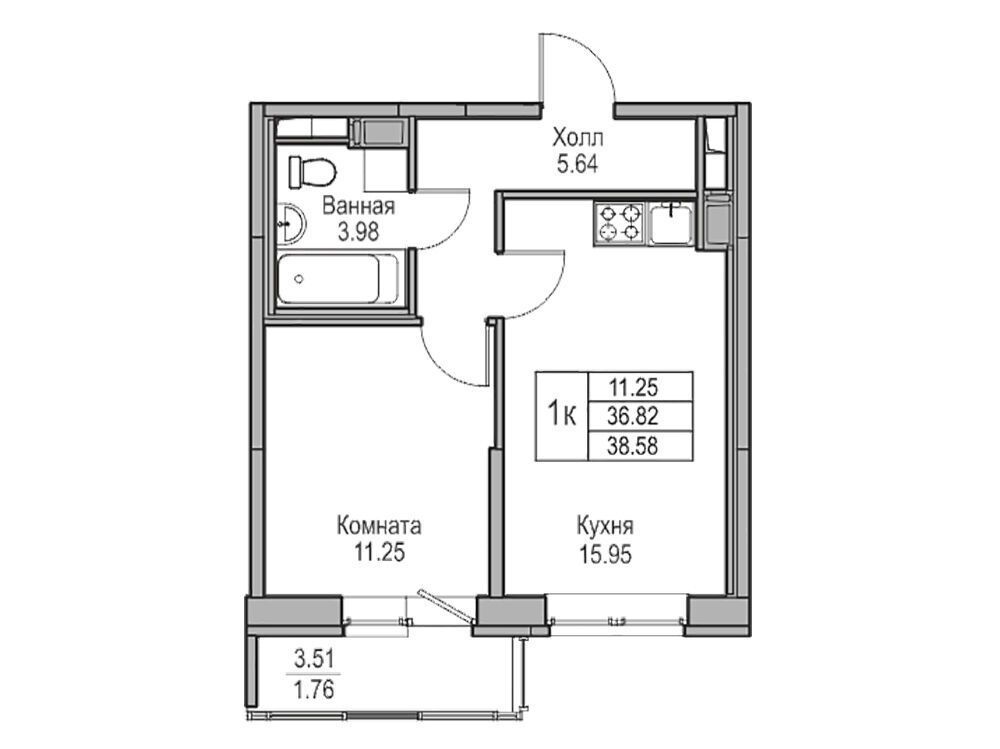Планировка: 2-комн. квартира 38.58 м² в новостройке Юнтолово
