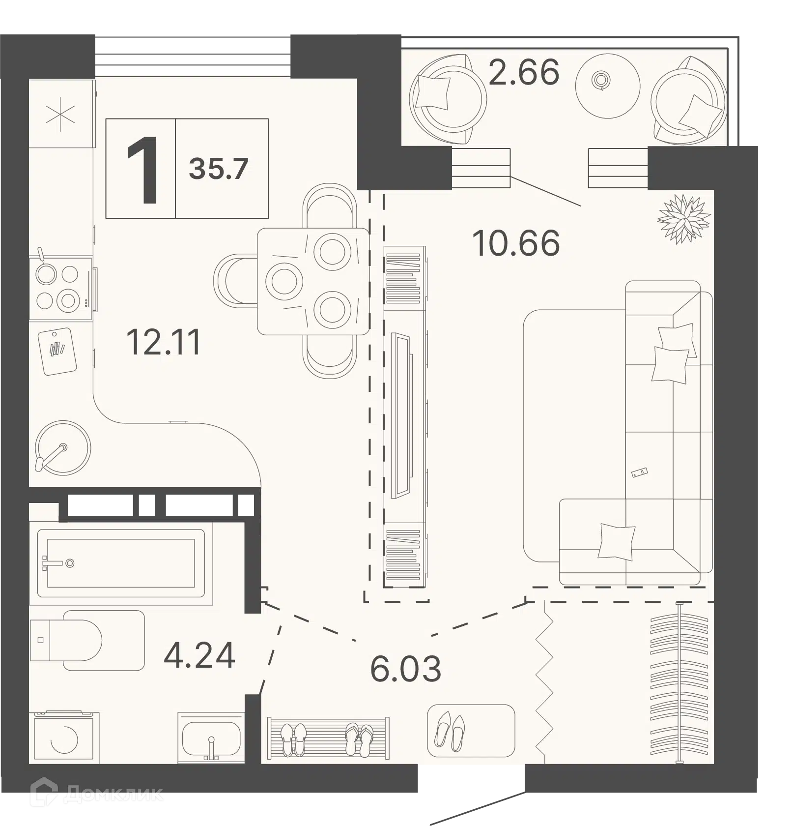 Планировка: 1-комн. квартира 35.70 м² в новостройке Светский лес