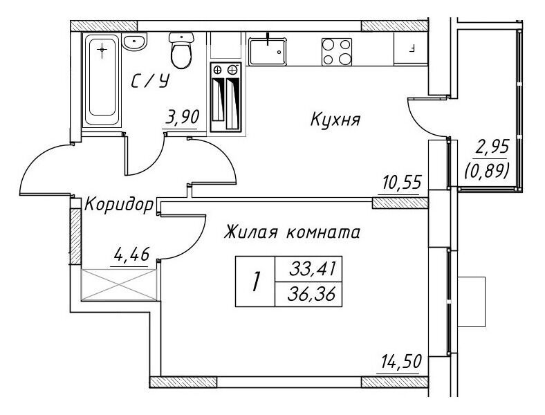 Планировка: 1-комн. квартира 36.31 м² в новостройке Большевик (Дмитров)