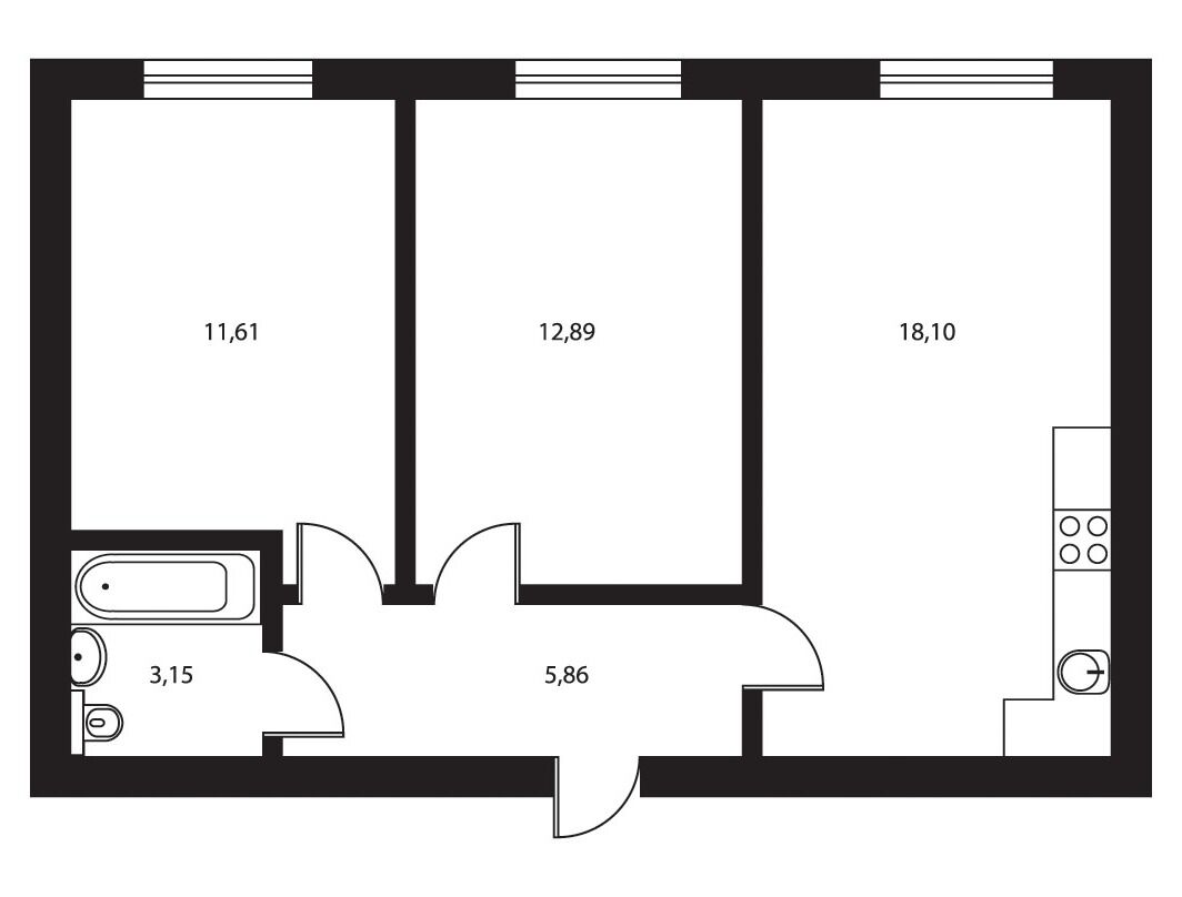 Планировка: 2-комн. квартира 51.60 м² в новостройке Парк Апрель
