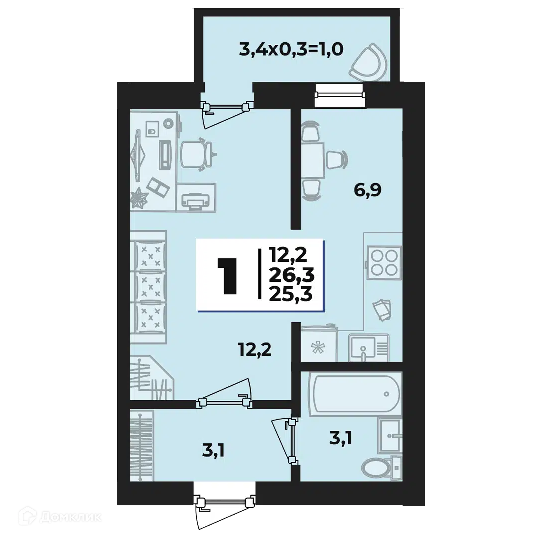 Планировка: 1-комн. квартира 26.30 м² в новостройке Дарград